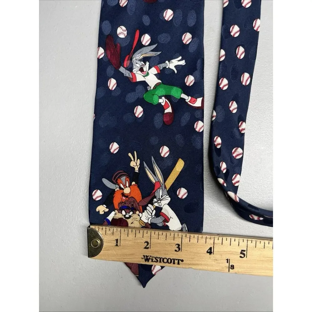 Vintage Looney Tunes Baseball Silk Tie Bugs Yosemite Tasmanian Taz Mens Necktie